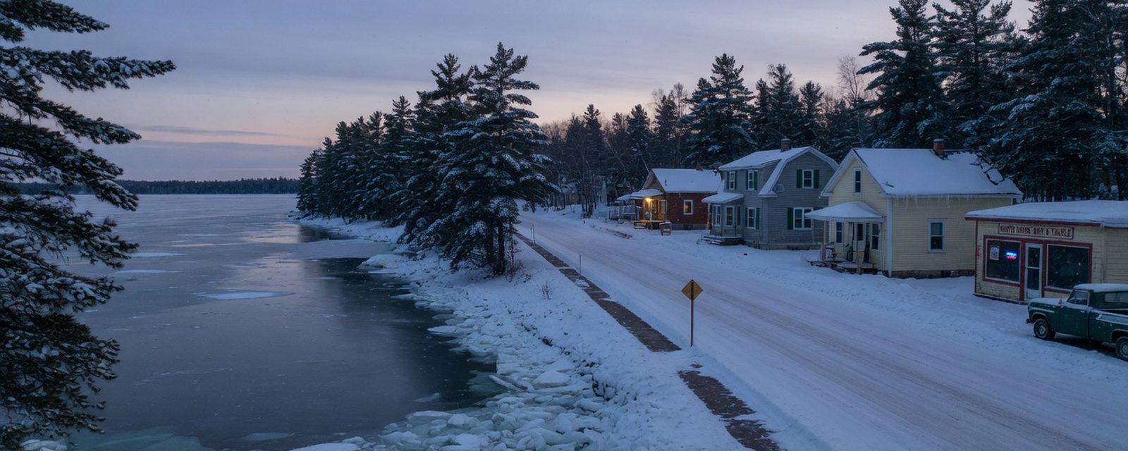 Snow-covered northern Minnesota lakeshore community at dusk